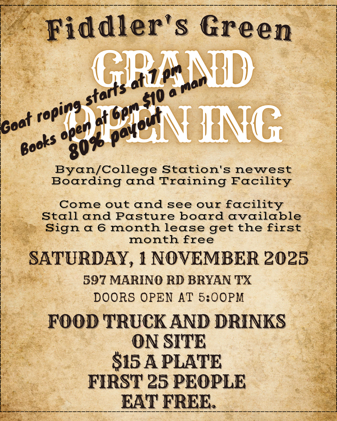 Advertisement for Fiddler's Green Grand Opening in Bryan, TX, with goat roping, food truck, and stall/pasture boarding.