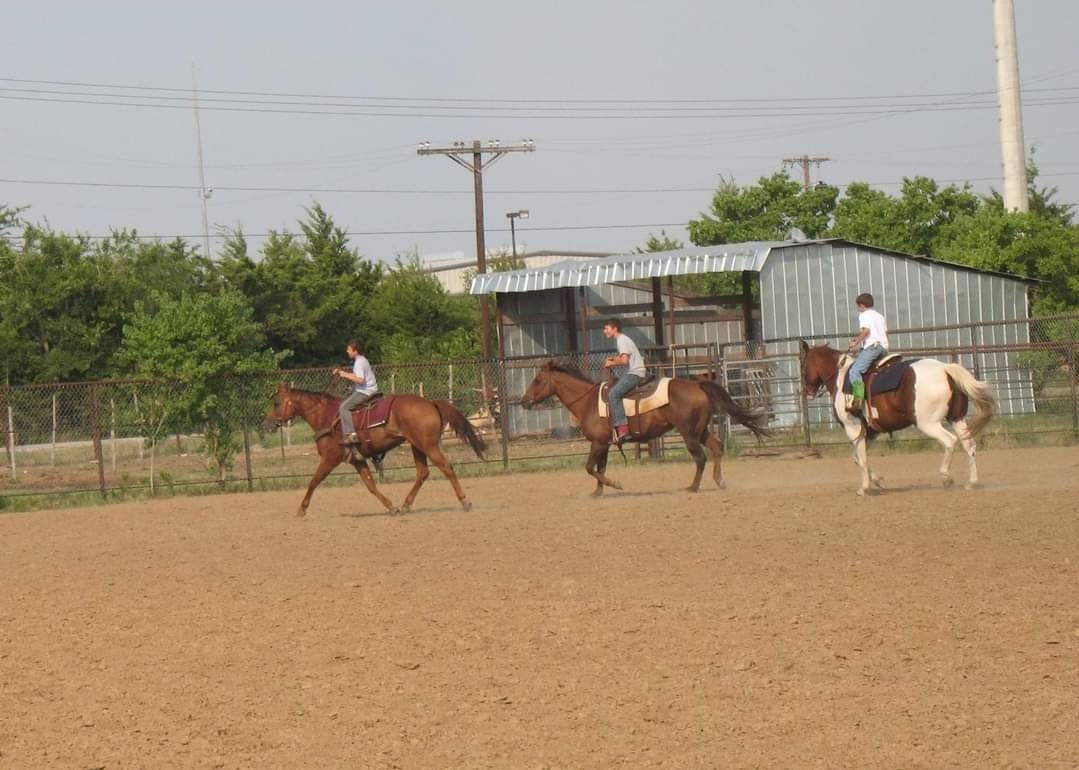 Three people riding horses in an outdoor arena. Brown and white horses. Overcast sky.