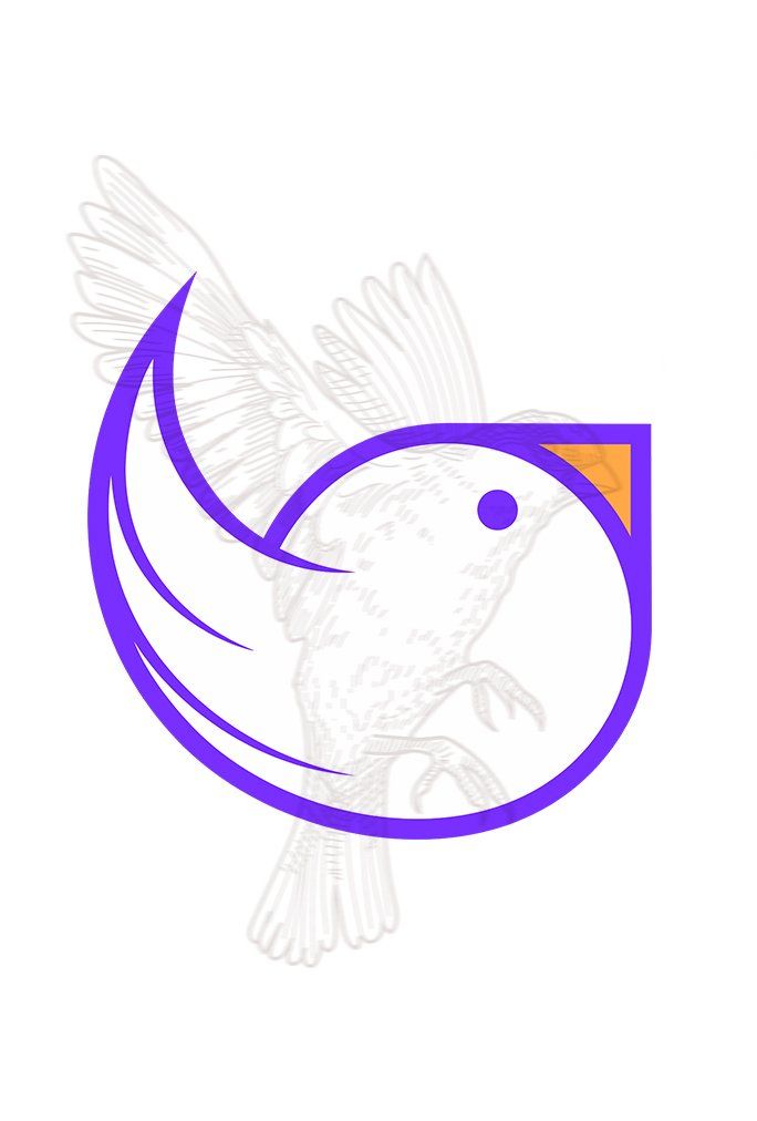 Um pássaro roxo com bico laranja está voando sobre um fundo branco.