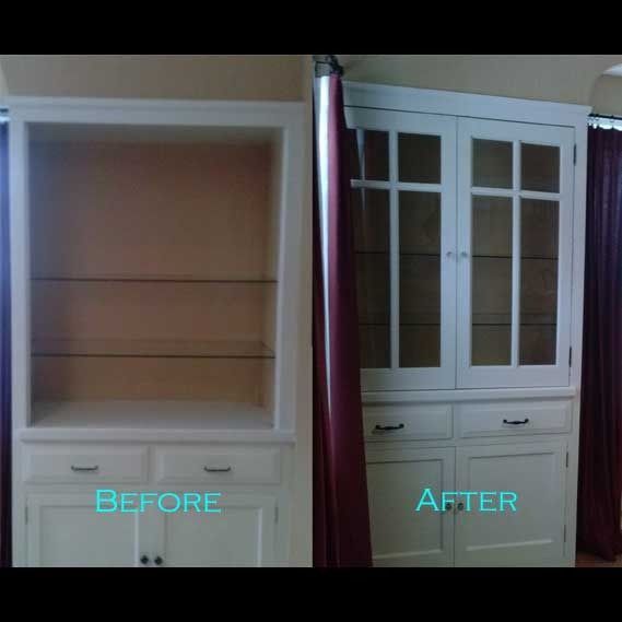 A before and after picture of a white cabinet