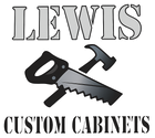 A logo for lewis custom cabinets with a saw and hammer
