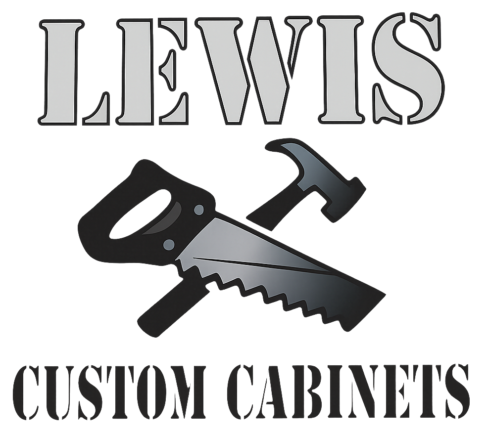 A logo for lewis custom cabinets with a saw and hammer
