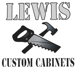 A logo for lewis custom cabinets with a saw and hammer