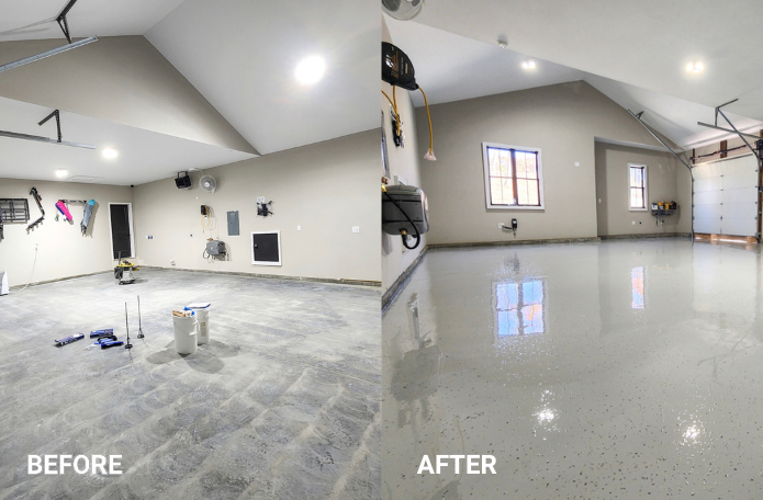 A before and after photo of a garage with a concrete floor