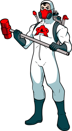 A man in a white suit and mask is holding a red hammer.