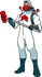 A man in a white suit and mask is holding a red hammer.