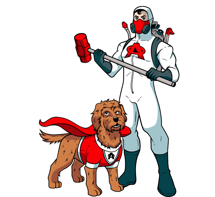 A man in a superhero costume is standing next to a dog.