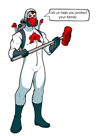 A cartoon of a man in a protective suit holding a hammer.