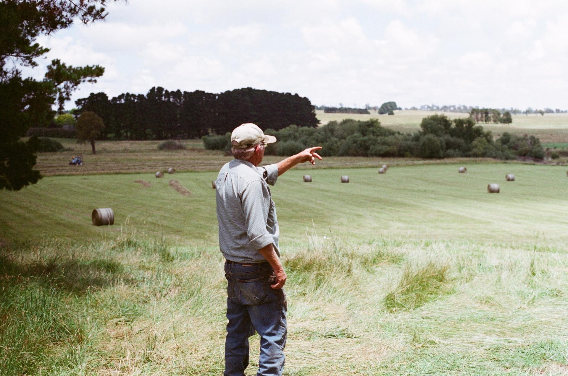 A man standing in a field pointing at something