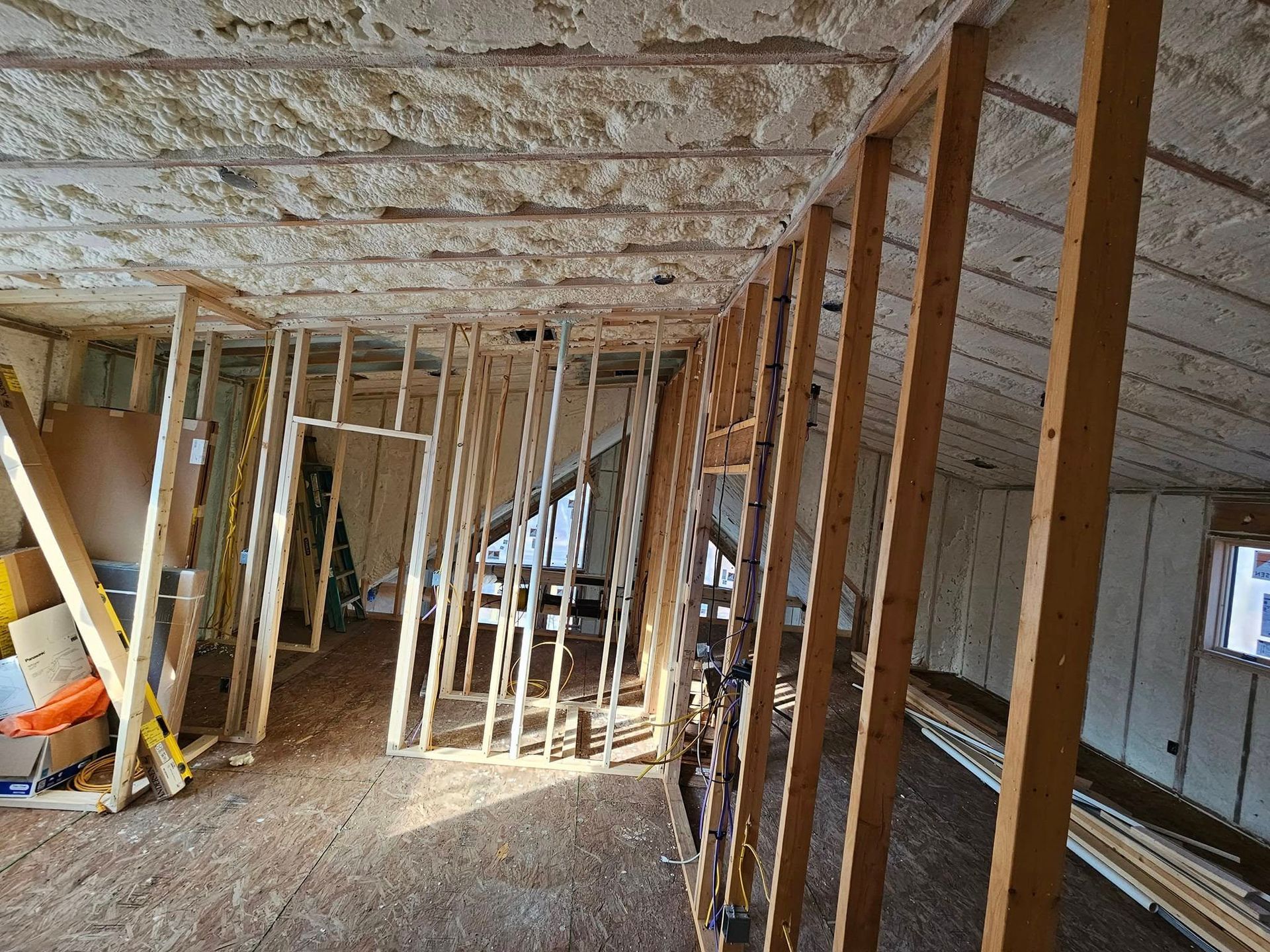 Interior framing with spray foam insulation. New construction.