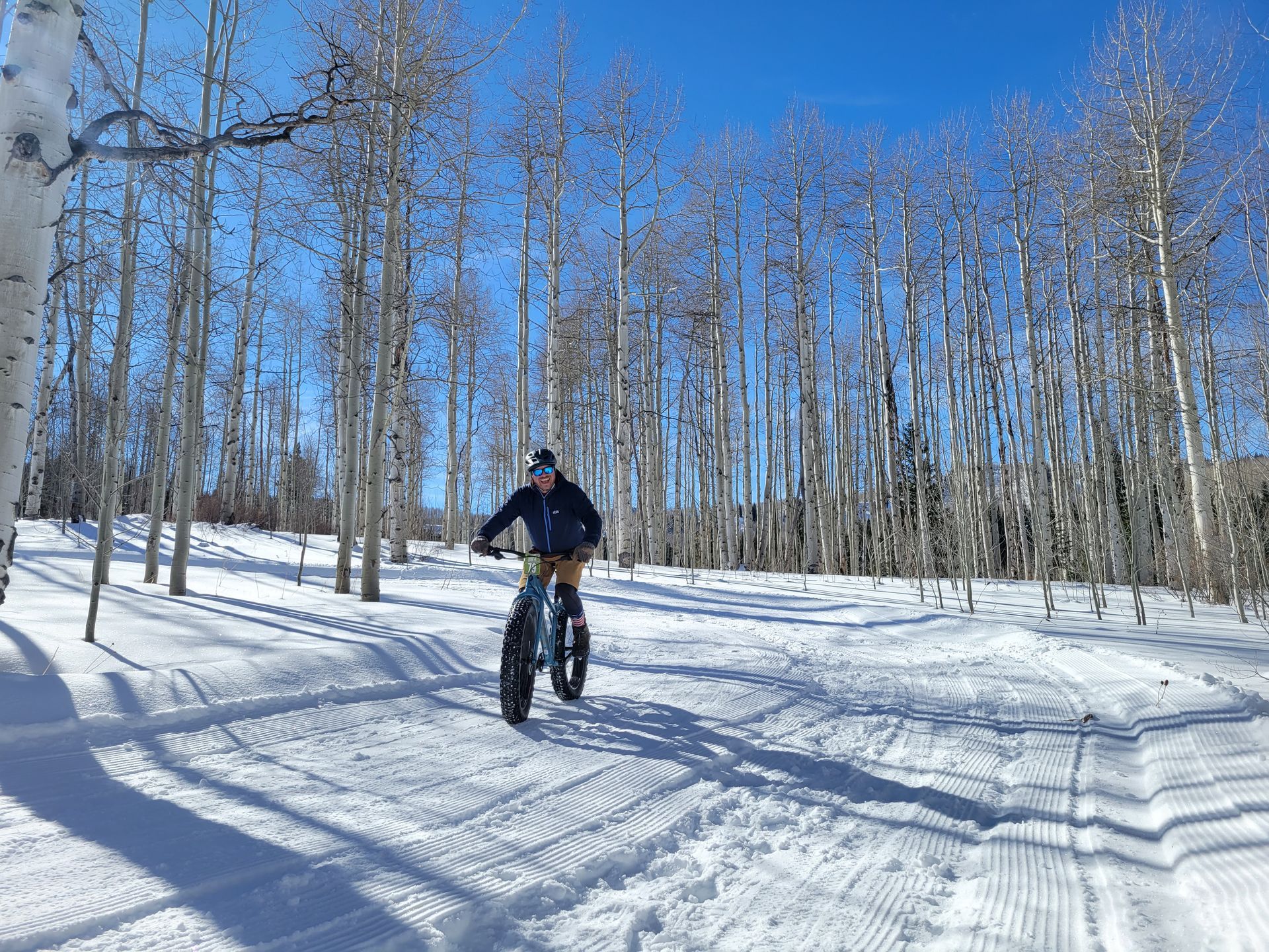 A cyclist rides a fat tire bike on a packed snow trail through a forest of leafless white trees under a clear blue sky in roaring fork colorado
