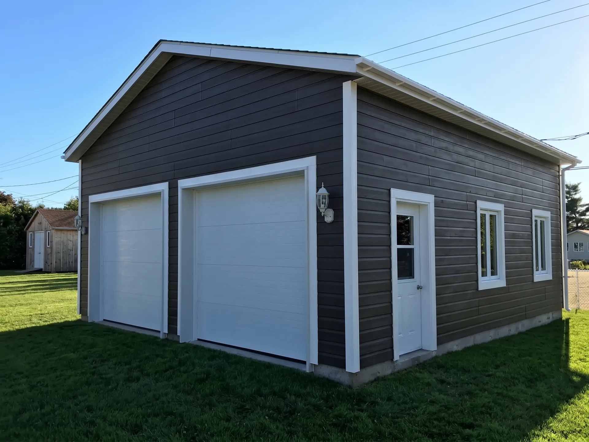 Garage indépendant gris avec deux portes blanches et une porte d'entrée latérale donnant sur une pelouse.