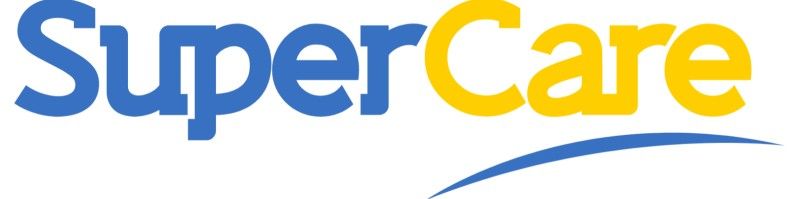 Supercare The logo for SuperCare; blue text,