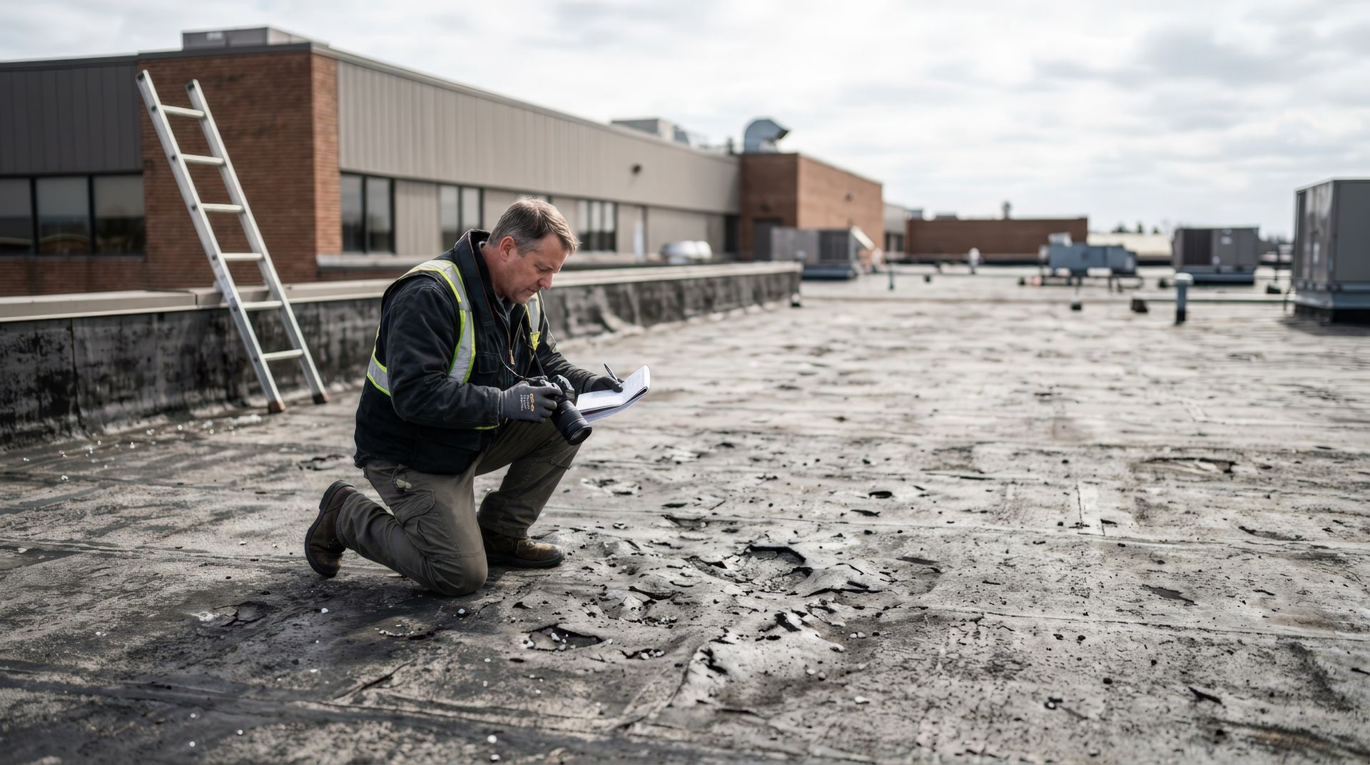 Medium shot showing an adjuster assessing hail damage on a flat commercial roof concentrated. Medium shot showing an adjuster assessing hail damage on a flat commercial roof concentrated.