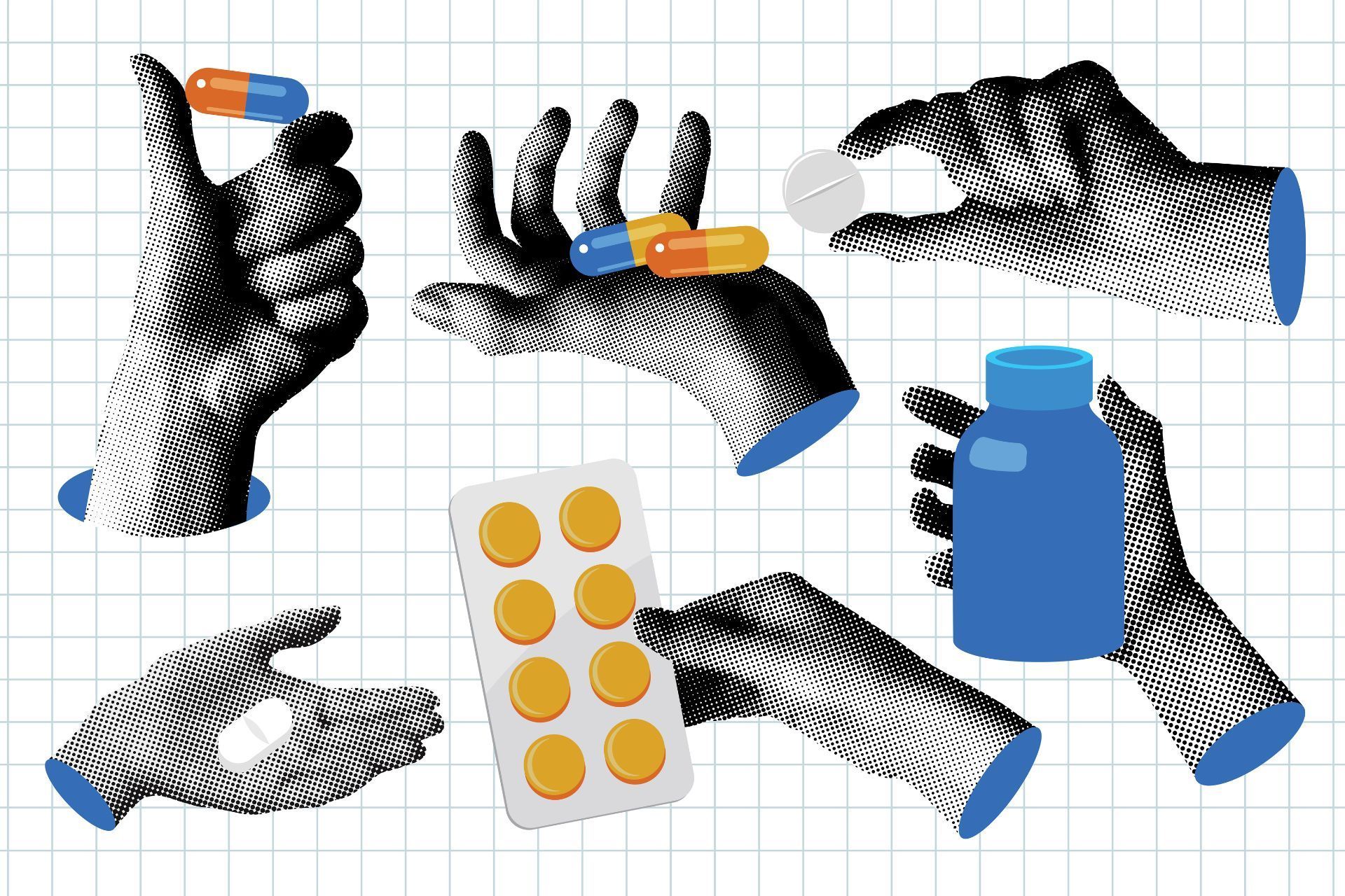 Hands holding various pills, capsules, and a medication bottle.