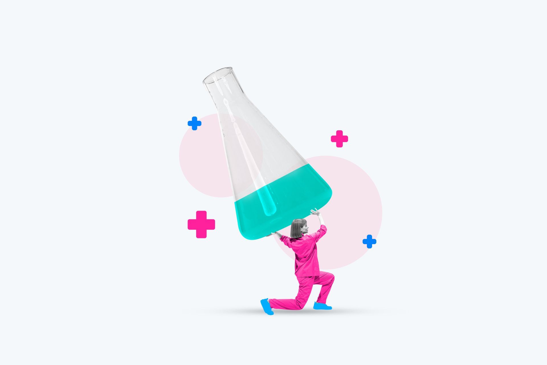 Person in pink lab suit supports a large beaker of blue liquid. Pink and blue medical symbols.