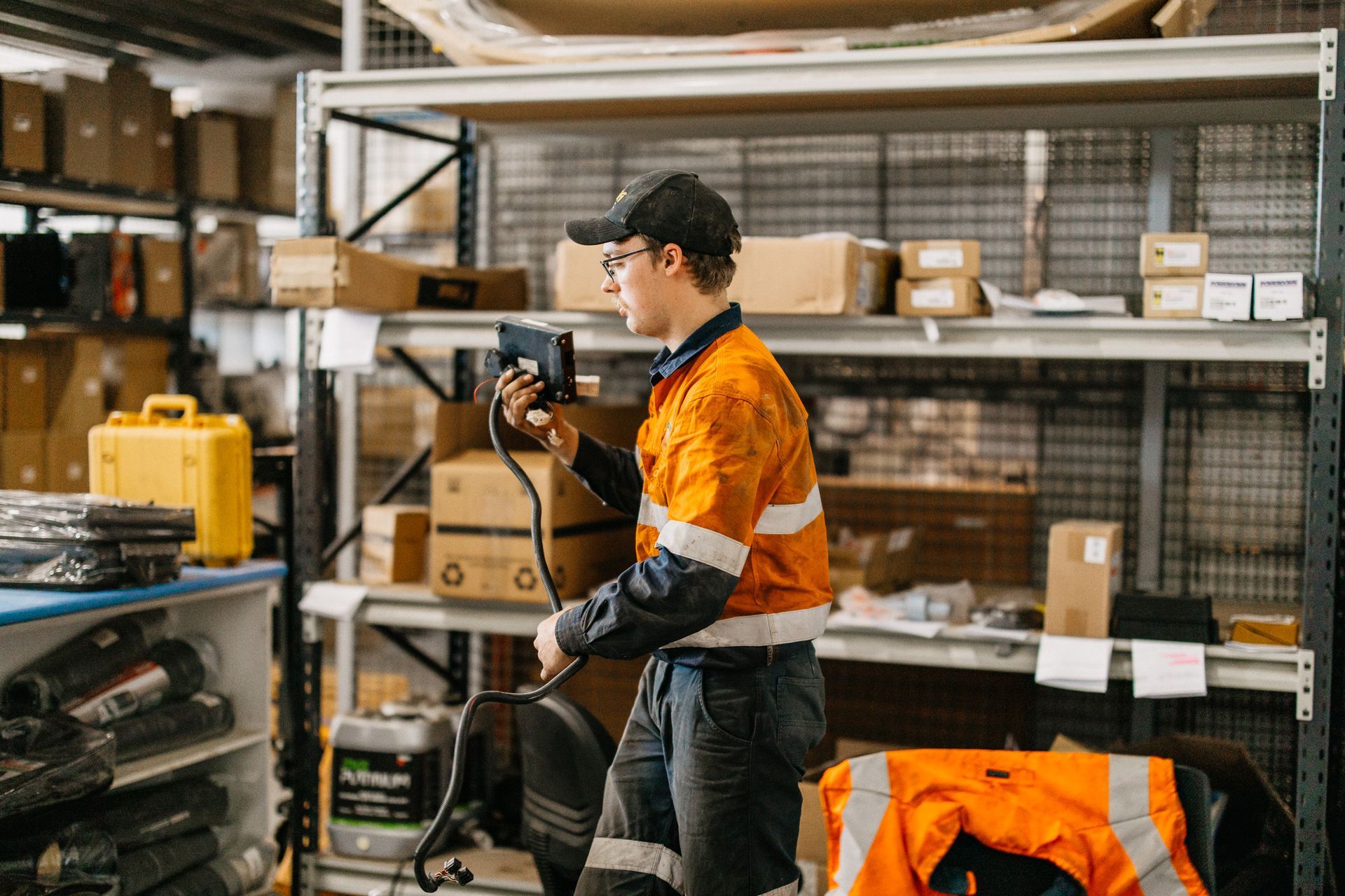 Warehouse worker scanning items with a barcode reader, shelves full of boxes, wearing orange safety gear.