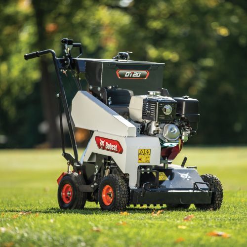 Bobcat DT20 Lawn Aerator on Grass, White and Orange, Black Engine, Handles — Tracserv in Dubbo, NSW