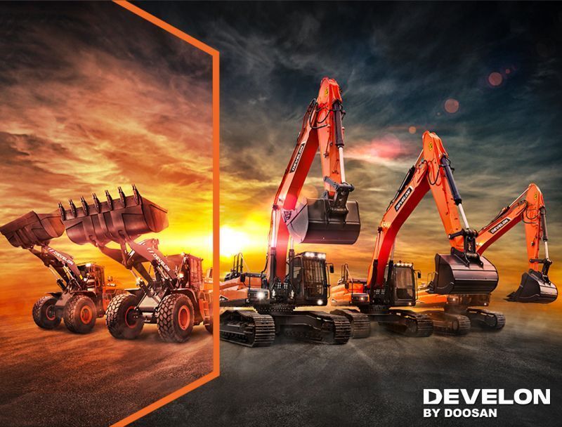 A Poster For Develon By Doosan With A Sunset In The Background — Tracserv in Dubbo, NSW