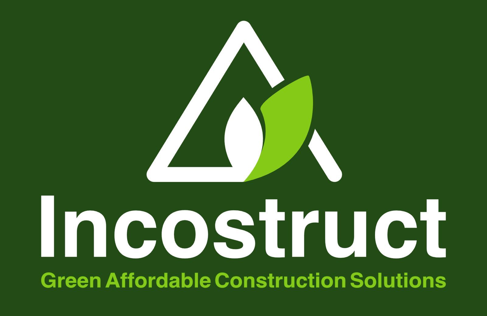 Logo of Incostruct. White triangle and leaf symbol on green background. Text: Incostruct, Green Affordable Construction Solutions.