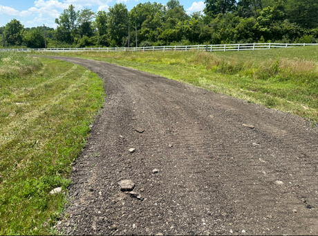 Gravel road curving through a green field, leading to a white fence and trees under a blue sky.