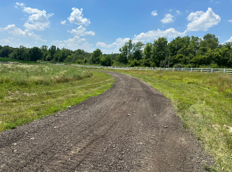 A gravel road curves through a grassy field, leading towards a treeline under a blue sky with clouds.