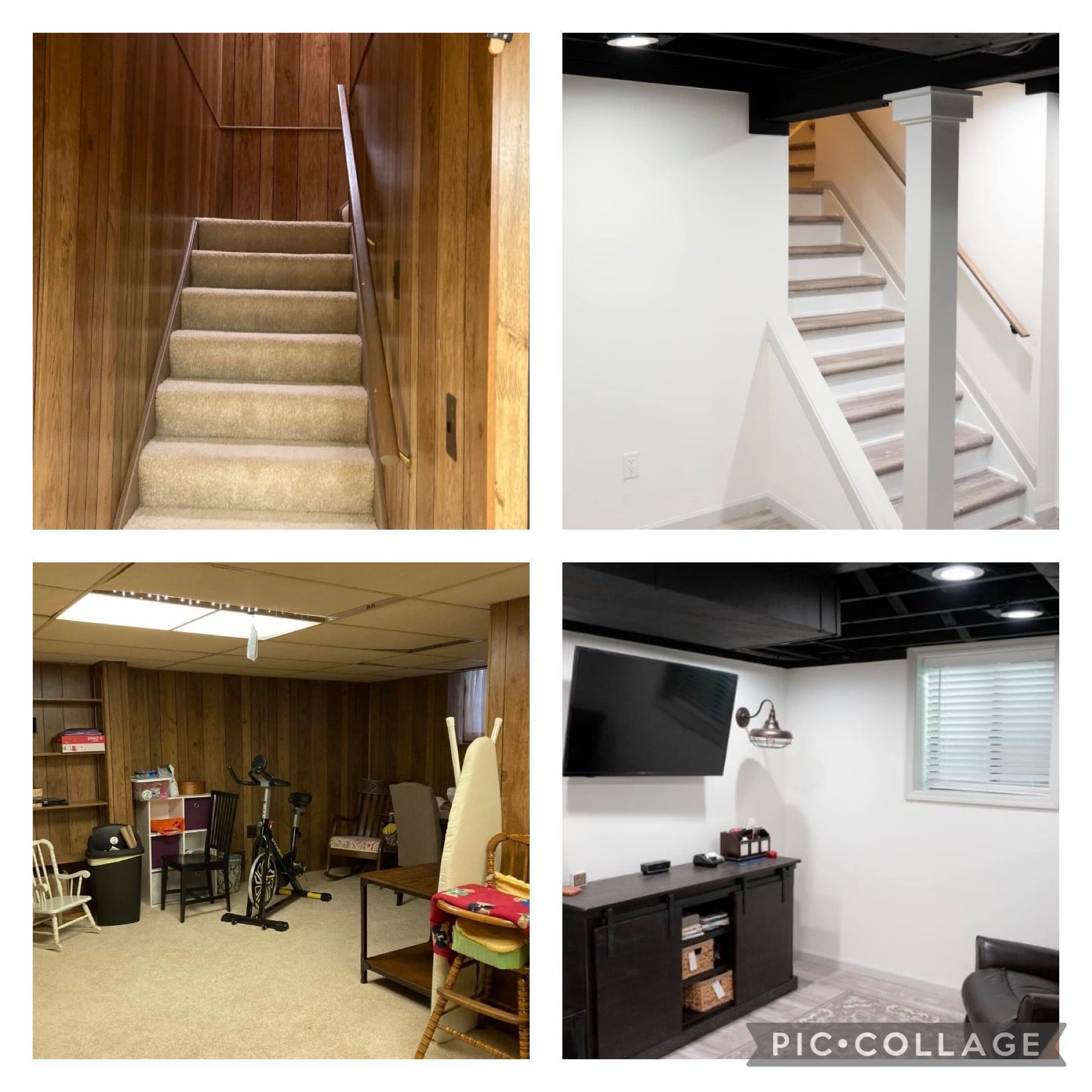 a collage of four pictures of a basement with stairs