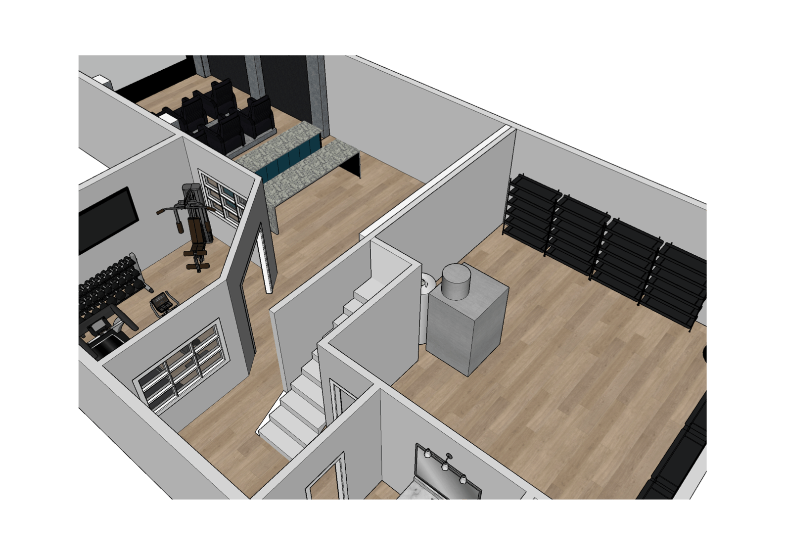 a 3d floor plan of a house basement with wooden floors