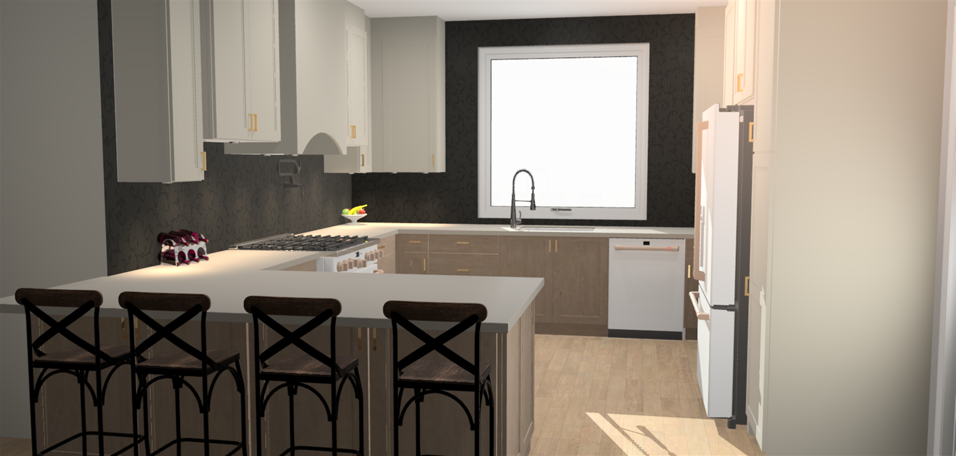 a kitchen with white cabinets and black walls nvrrete