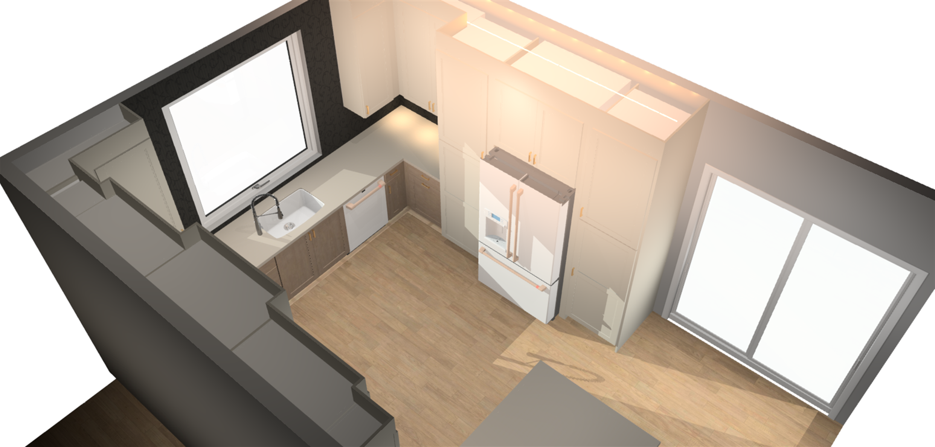 an aerial view of a kitchen with a refrigerator and a sink nvrrete design build renovation