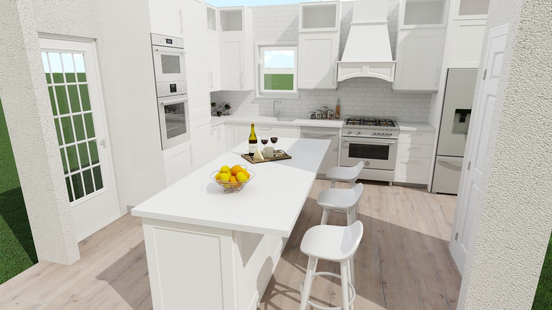 a 3d rendering of a kitchen with white cabinets and a large island .