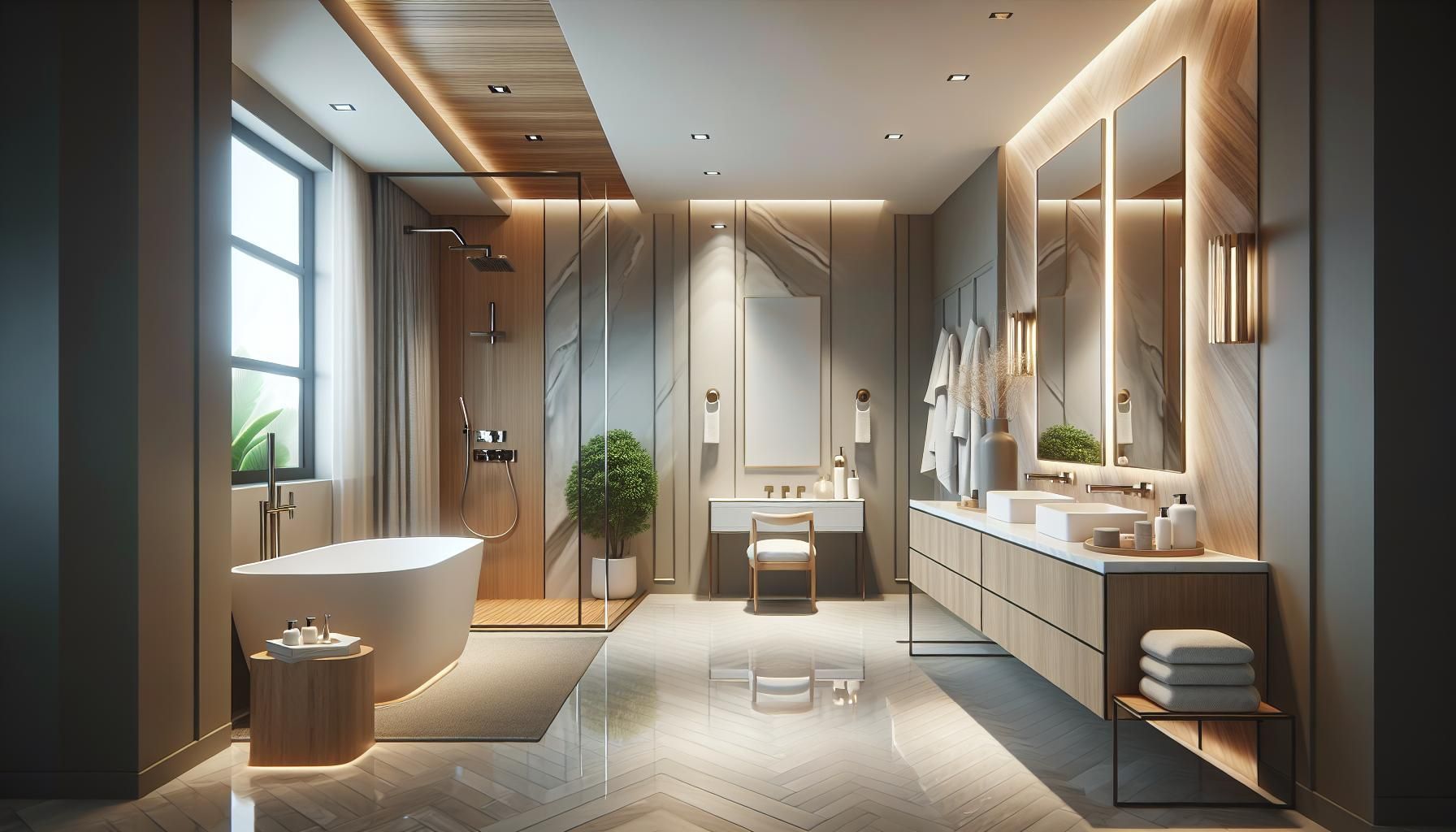 a bathroom with two sinks , a tub , and a walk in shower .