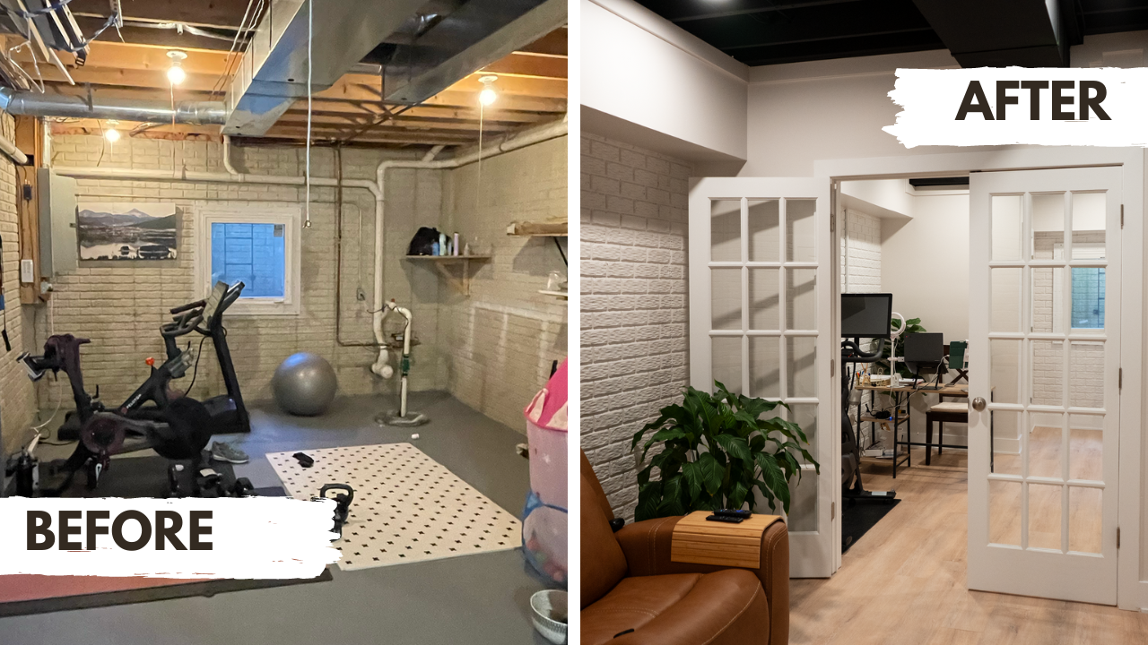 a before and after photo of a basement gym and a living room . nvrrete renovation