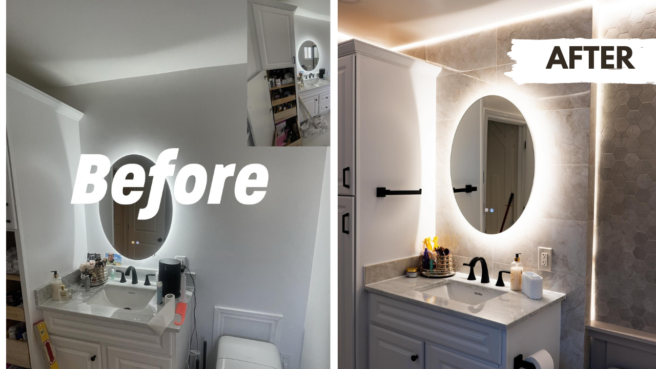 a before and after photo of a bathroom with a sink and mirror nvrrete renovation 