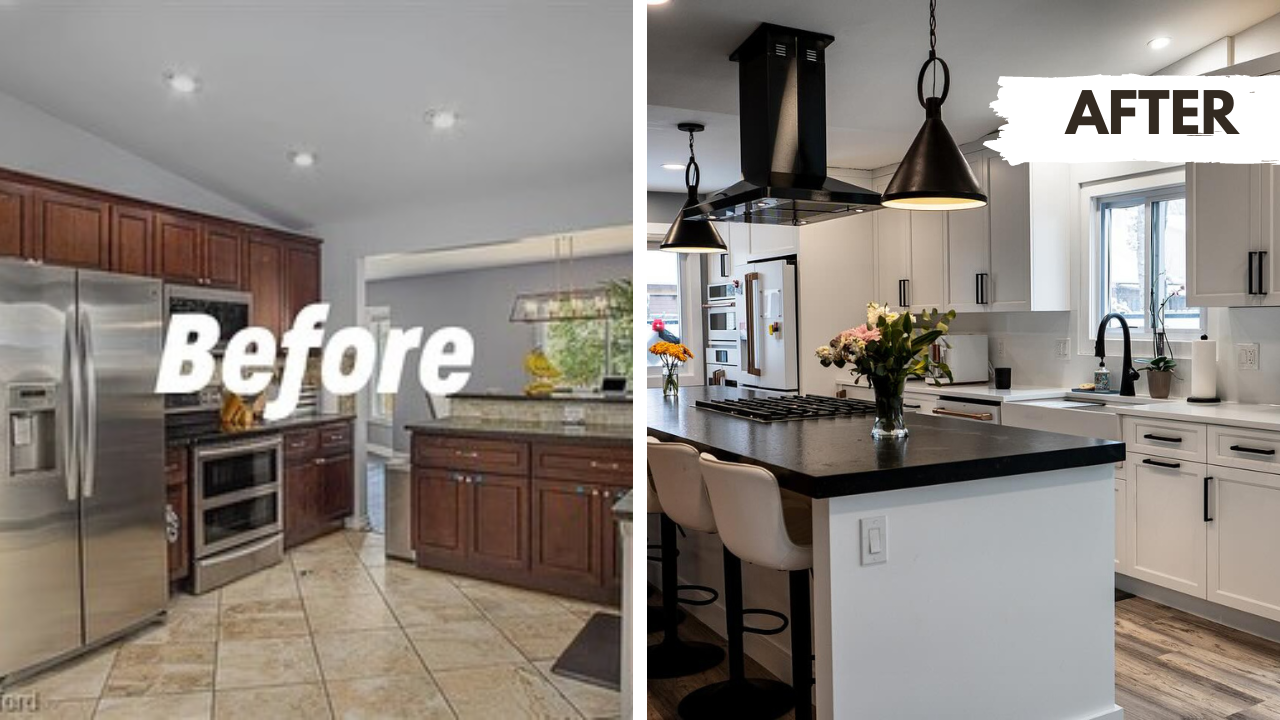 a before and after photo of a kitchen with stainless steel appliances nvrrete renovations 