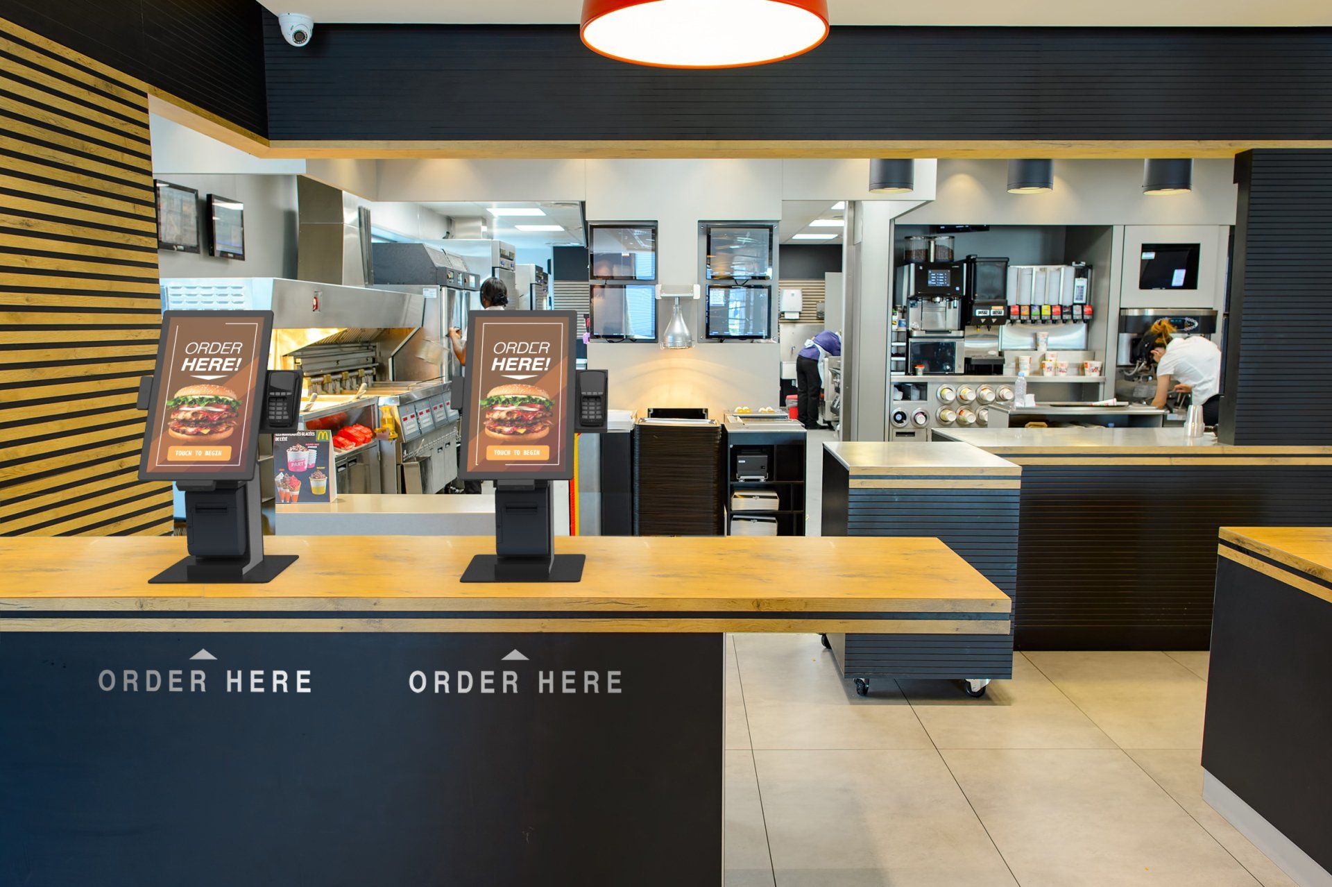 self-service kiosks for self ordering in a fast food restaurant