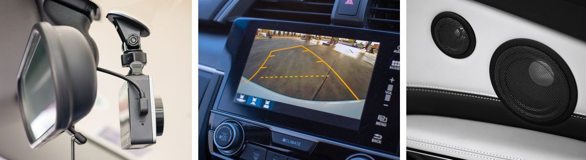 A rear view mirror , a rear view camera , and speakers are shown in a collage.