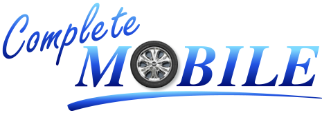 A logo for complete mobile with a tire in the middle.