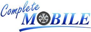 A logo for complete mobile with a tire in the middle.