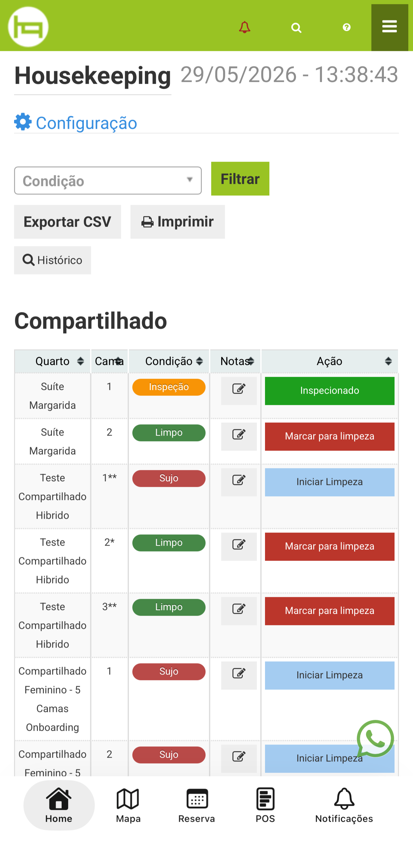 App mobile do HQbeds com lista de quartos e status de limpeza para a equipe de governança