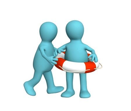 blue figure holding another blue figure with life bouy