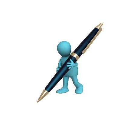 blue figure holding an oversize writing pen