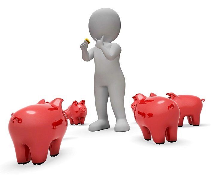 white figure with 4 red piggy banks