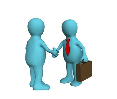 blue figure shaking hand of another blue figure wearing red tie and holding briefcase