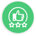 A thumbs up icon with three stars in a green circle.