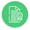 An icon of a certificate with a ribbon on it in a green circle.