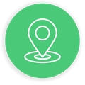 A white pin icon in a green circle on a white background.