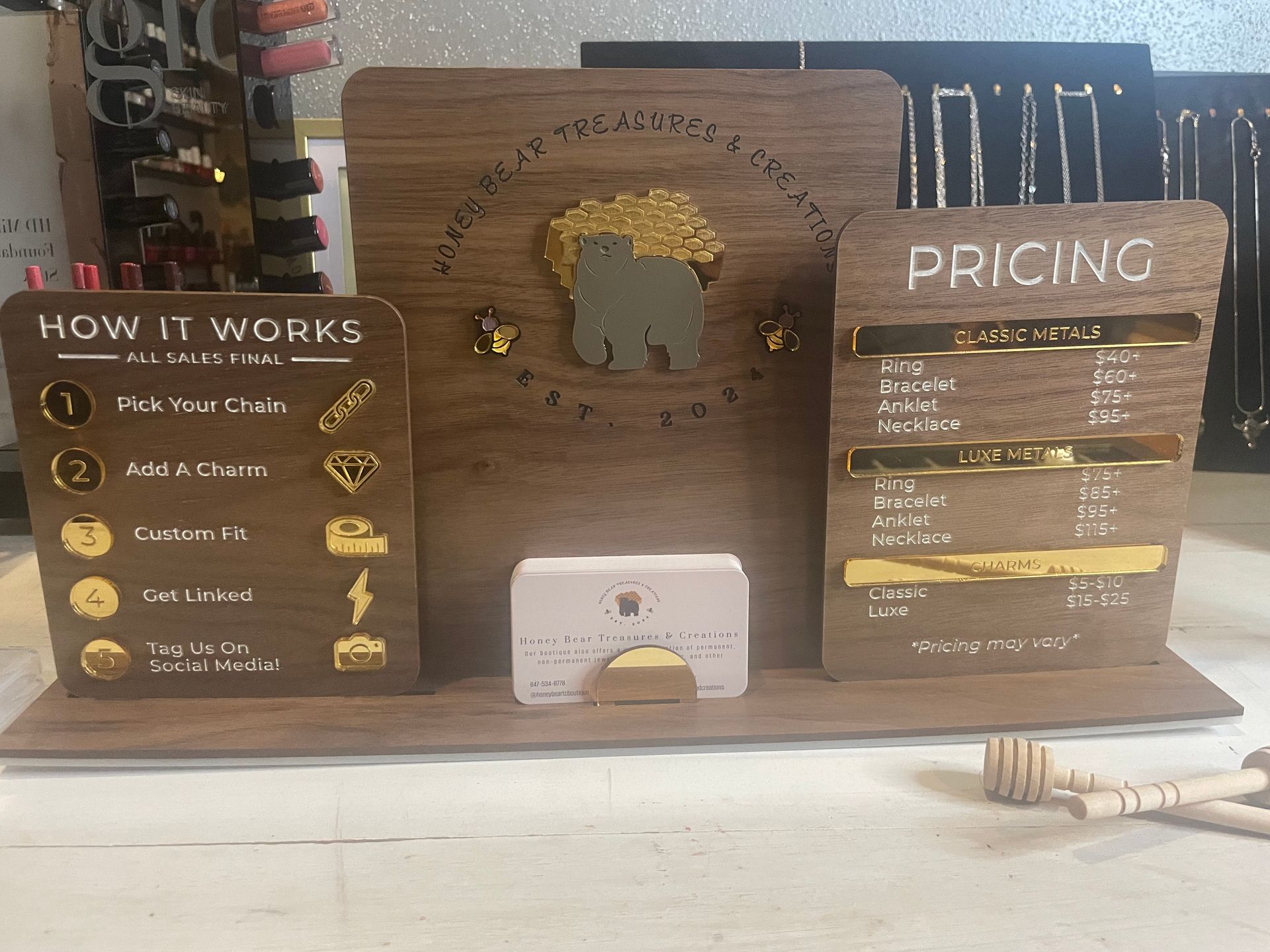 A wooden sign that says how it works and pricing
