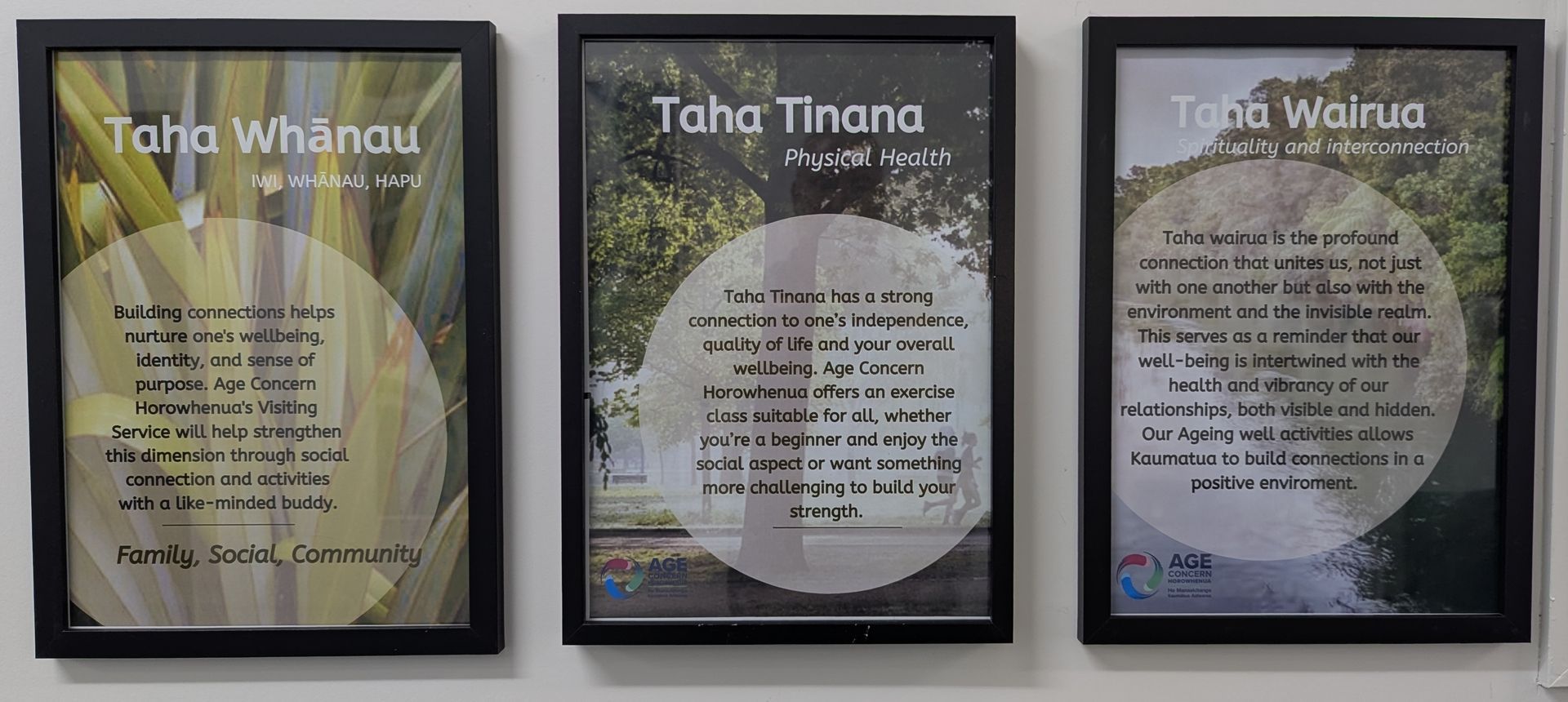 3 frames on a wall.
1: Taha Whānau
Building connections helps nurture one's wellbeing, identity, and sense of purpose. Age Concern Horowhenua's Visiting Service will help strengthen this dimension through social connection and activities with a like-minded buddy.
2: Taha Tinana
Taha Tinana has a strong connection to one's independence, quality of life and your overall wellbeing. Age Concern Horowhenua offers an exercise class suitable for all, whether you're a beginner and enjoy the social aspect or want something more challenging to build your strength. 
3: Taha Wairua
Taha Wairua is the profound connection that unites us, not just with one another but also with the environment and the invisible realm. This serves as a reminder that our well-being is intertwined with the health and vibrancy of our relationships, both visible and hidden. Our activities allow Kaumatua to build connections in a positive environment.