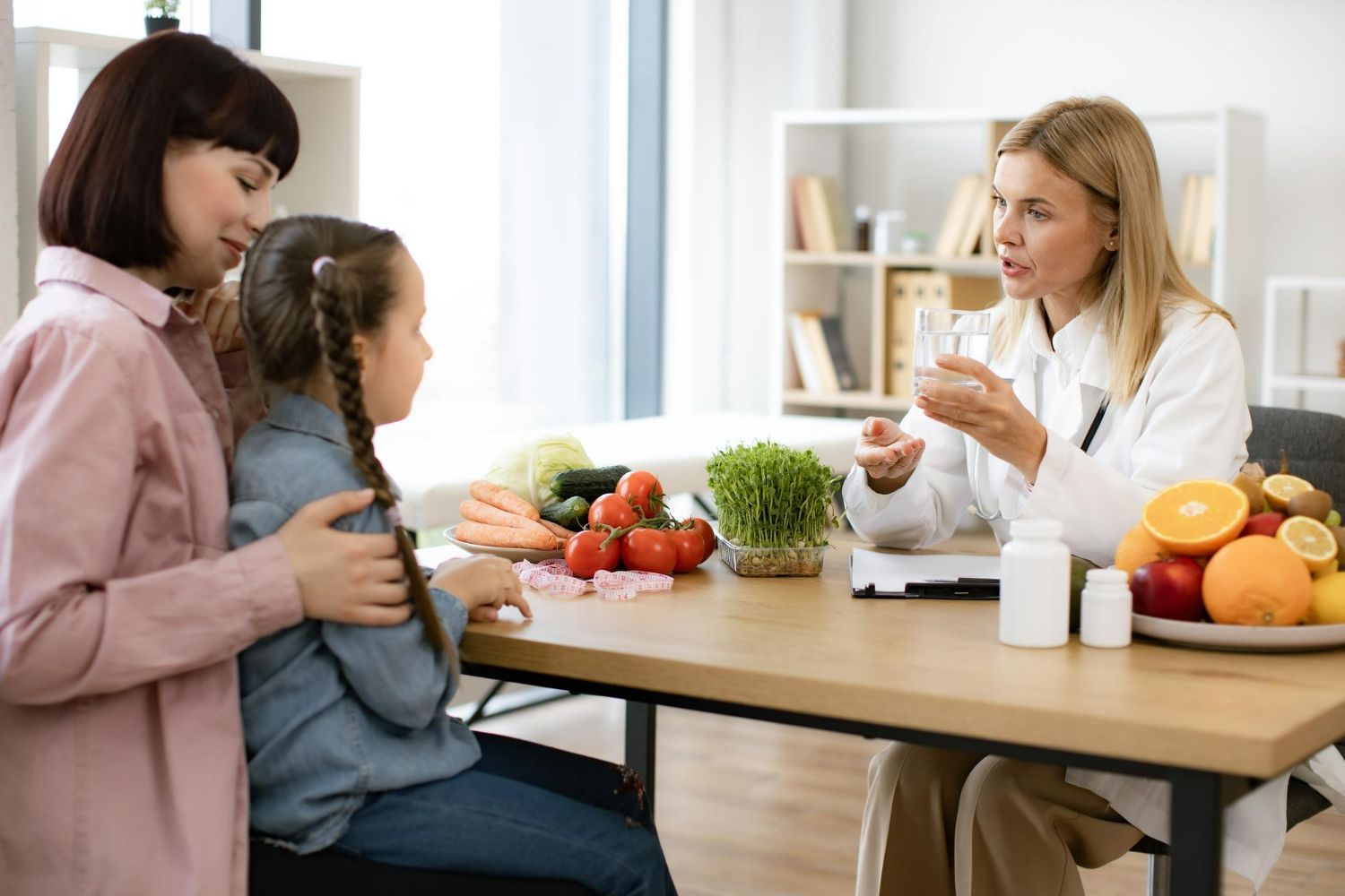 A nutritionist in a white coat talks to a mother and daughter at a desk with fresh produce and supplements.